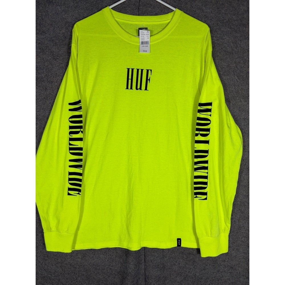 HUF Worldwide Mens Neon Green Long Sleeve Graphic T-Shirt Large NWT